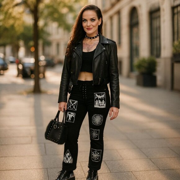 Current Mood Patch Lace-Up Jeans Punk Rocker Statement Pants NWT Size S - Picture 4 of 7